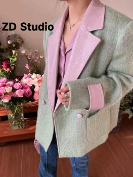[ZD Studio] Voľné Zelená Farba-blok Kožené Veľkosť Vlnené Kabát Parkas Nové Dlhý Rukáv Ženy Príliv Jeseň Zima 2023