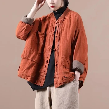 Ženy Vintage Bundy Jednofarebné Bavlnené Obliečky Coats Stojan Tlačidlo Patchwork Vrecká 2023 Jar Voľné Žena Bundy