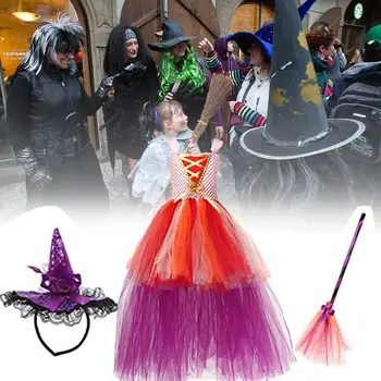 Deti Čarodejnice Šaty Halloween Šaty Bez Rukávov S Klobúk Cosplay Kostým Tutu Šaty Vysoká Nízka Fialové Šaty S Metlou Na Tému