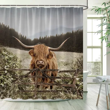 Highland Dobytka Sprchové Závesy Dreveným Plotom Rustic Brown Farm Cow Vaňa Opony Nastaviť Polyester Textílie Kúpeľňa Dekor s Háčikmi