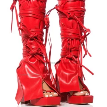 Červená Obrátil Strappy Otvorené Prst Sandále, Čižmy Nad Kolená Čipky Topánky Žien Tenké Vysoké Podpätky Sexy 2023 Zapatos Para Mujere