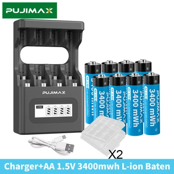 PUJIMAX 4-slot na Nabíjačku Batérií Typu C Rýchle Nabíjanie pomocou Inteligentný LCD Displej s AA 1,5 V 3400mWh Nabíjateľné Lítiové Batérie, Nastavenie