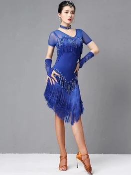 Nový latinský Šaty Krátke rukáv Ženy Samba Kostým Party Šaty, Priehľadnej Sieťoviny Tvárny Okraji latinskej Šaty Tanečné Nosiť Šaty tanečná Sála