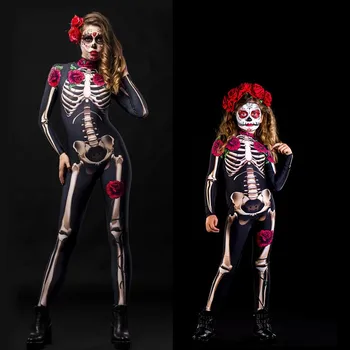 2023 Deti, Dospelých Halloween Strašidelné Duch, Diabol Bodycon Kostým Sexy Žena Rose Kostra 3D Cosplay Jumpsuit Purim Karnevalové Oblečenie