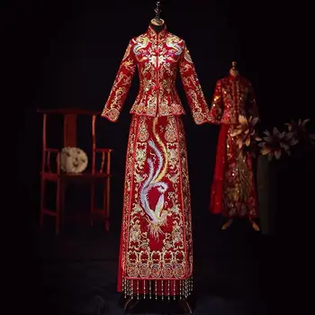Tradičné Mandarin Golier Nádherné Phoenix Kvetinové Výšivky Pár Svadobné Šaty Vziať Cheongsam Свадебное платье