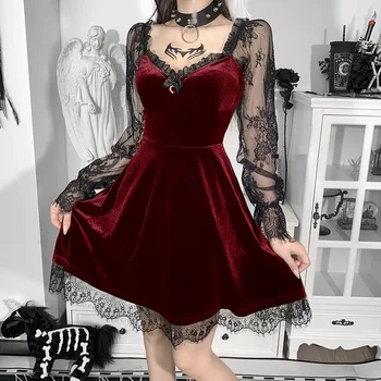 E-dievča Grunge Gotický Čierne Mini Šaty s Čipkou Výbava Vysoký Pás Bodycon Šaty Y2K Ženy 90. rokov Vintage Punk Harajuku Lolita Oblečenie