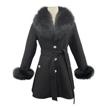 JANEFUR Zimný Kabát pre Ženy, Skutočné Vlna Cashmere Kabát s Fox Kožušiny Golier 2023 Elegantný Luxusný Stredne Dlhý Belted Vlnené Plášte