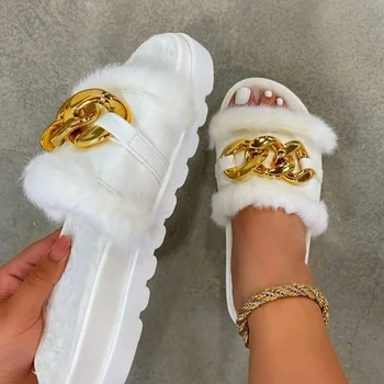 2023 Zimné Plyšové Papuče Otvorené Prst jednofarebné dámske Sandále Kovové Reťaze Vonkajšie Bežné dámske Topánky, Módna Obuv