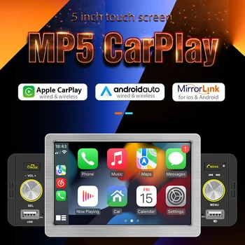 1Din Auto Stereo 5-palcový Dotykový Displej MP5 Prehrávač pre Bezdrôtové CarPlay Android Auto MirrorLink Bluetooth Multimediálny Prehrávač, FM Rádio