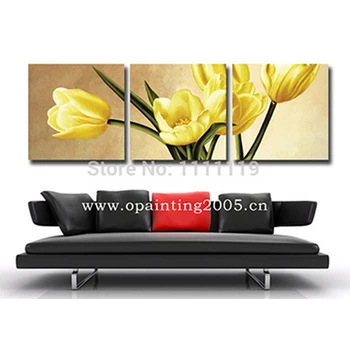 Obraz na Plátne, Ručne vyrábané Modernými 3ks/súbor Moderného Kvet Nástenné Maľby Žltá/Fialová Tulipán Obrazy Izba Dekor olejomaľba