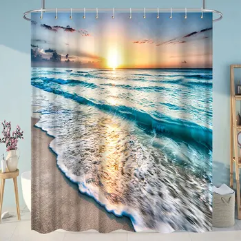 Ocean Beach Kúpeľni Sprchový Záves Modré Vlny Západ Slnka Krajiny Polyester Textílie Zavesenie Záclon Kúpeľňa Decor Set S Háčikmi