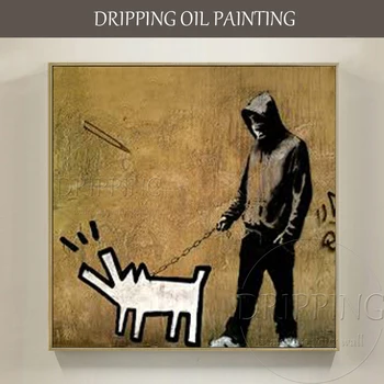 Profesionálny Umelec Ručne maľované Amerického Street Art Človeka a Psa olejomaľba Pop Fine Art Street Štýl Človeka a Psa Maľovanie