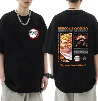 Japonské Anime Démon Vrah Rengoku Kyoujurou Tee Tričko Kimetsu Č Yaiba 100% Bavlna T-shirt Muži Ženy Nadrozmerné Streetwear Tees