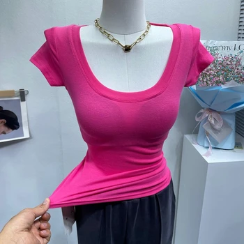 Sexy Pevné Pružné Ženy T-Shirts Letné Nový Dizajn 2023 O-Krku-Krátke Rukávy Slim Elegantné Ženy Ťahá Topy