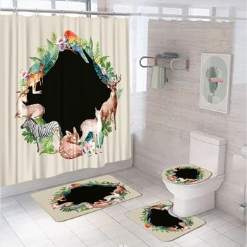 V Jeleň Zebra Papagáj Sprchový Záves Sady Tropických Zvierat, Zelené Listy Kvetinový Kúpeľňa Záclony S Vaňou Mat Koberec, Wc Kryt