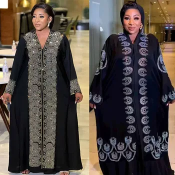 Nová Africká Jar Jeseň Abaya Pre Ženy Dubaj Islam Šaty Čierne Diamanty Dlhý Rukáv Arabských Moslimských Večerné Šaty Party Oblečenie