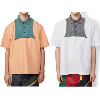 23SS KOLOR Abe Runyi Japonský Dual Color Patchwork Kontrastné Závitové Golier Zrastov T-Shirts Voľné Krátke Rukávy pre Mužov