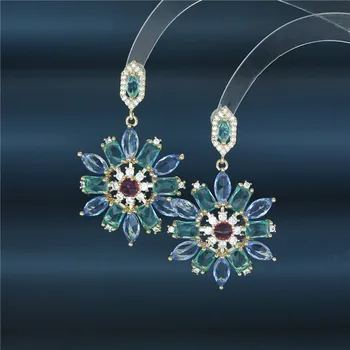 Letné Módne Sladké Vyhlásenie Farebnými Zirkónmi Kvety Visieť Náušnice pre Ženy Značky Dizajn Svadobné Šperky