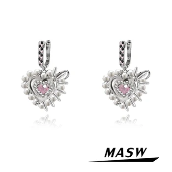 MASW Originálny Dizajn Sladké Srdce Náušnice Senior Zmysel Cool Štýl, Vysokú Kvalitu Copper Pearl Ružové Sklo Drop Náušnice Pre Ženy
