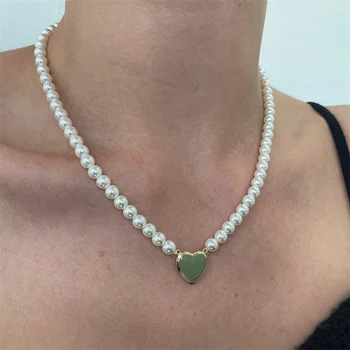Nové Trendy Zelenej Olej Srdce Prívesok Náhrdelník Ženy Ručné Imitácia Perly Náhrdelníky Crystal Prívesok Pre Ženy, Darčeky, Šperky