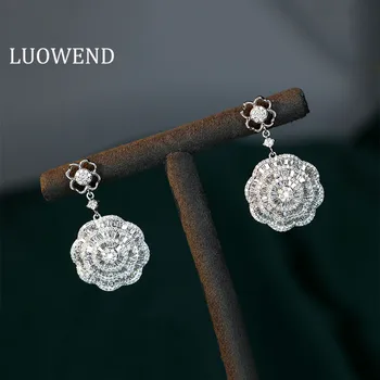 LUOWEND Reálne 18K Biele Zlato Náušnice Luxusné Diamantové Náušnice Halo Kvet Dizajn Drop Náušnice Zapojenie Šperky pre Ženy Strany