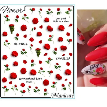 1pcs 3D Rose Flower Nail Art Obtlačky 24 Vzory Červená/Modrá Ručne Maľované Kvety na Nechty, Nálepky, Lepiace Manikúra Jazdca Príslušenstvo