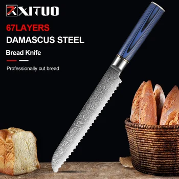 XITUO Nôž na Chlieb 8 cm Profesionálnych Japonských Damasku Nehrdzavejúcej Ocele s Modrým Premium G10 Rukoväť, Ergonomický Pro Kuchynský Nôž