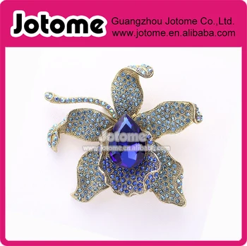 Orchidea Brošňa ,Krištáľovo Modrá Orchidea, Kvet Veľký Broach ,Zlatá Kráľovská Modrá Brošne Tropický Kvet Šperky