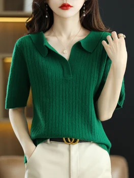 POLO krku čistá vlna sveter-krátke rukávy t-shirt dámske nové letné pulóver sveter jamy pásy voľné tenký úplet dno
